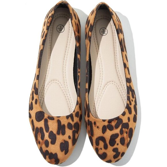 Shoes - Women Brown-Leopard Round Toe Flats Pull-on Comfortable Ballerina Dress Shoes